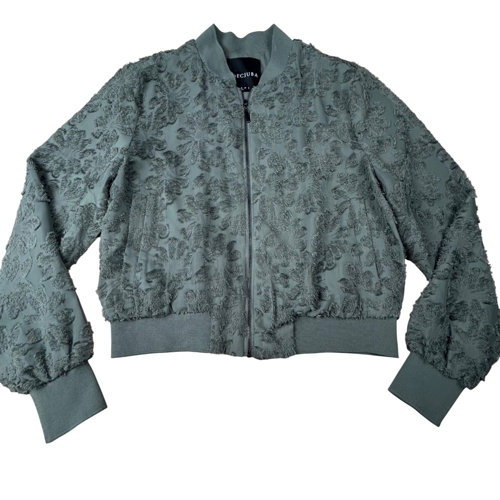 Decjuba Women Olive Green Textured Floral Eyelash Bomber Jacket Small Pockets